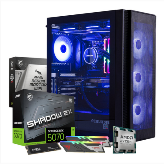 Computer hardware components including a gaming PC case, graphics card, and CPU on a white background.