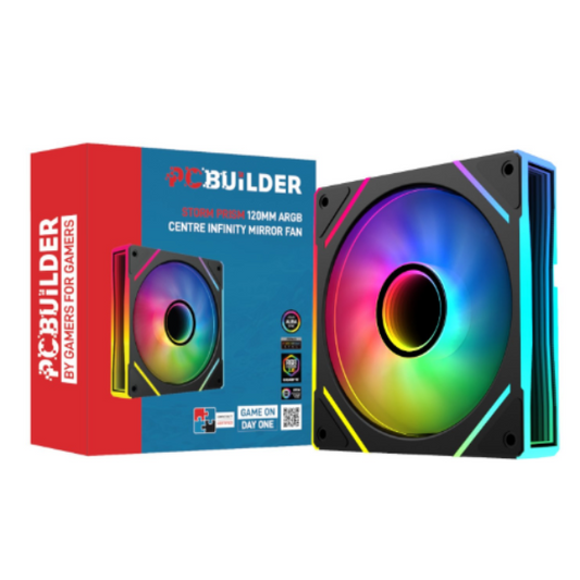 PC Builder 120mm ARGB centre infinity mirror fan with packaging on a white background