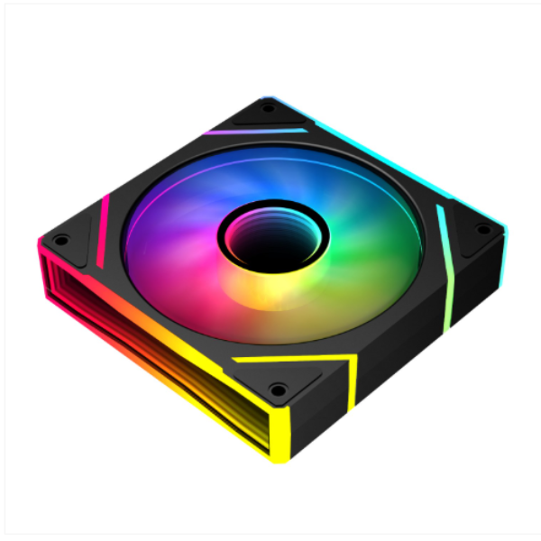 RGB cooling fan with colorful light effects on a white background