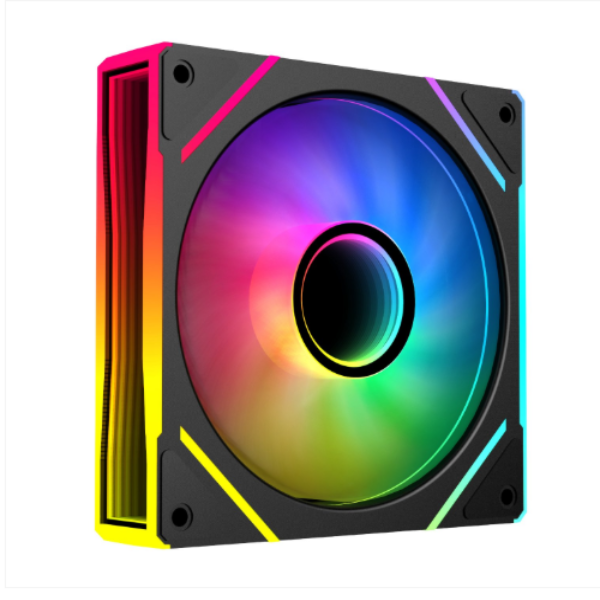 RGB cooling fan with colorful light effects on a white background