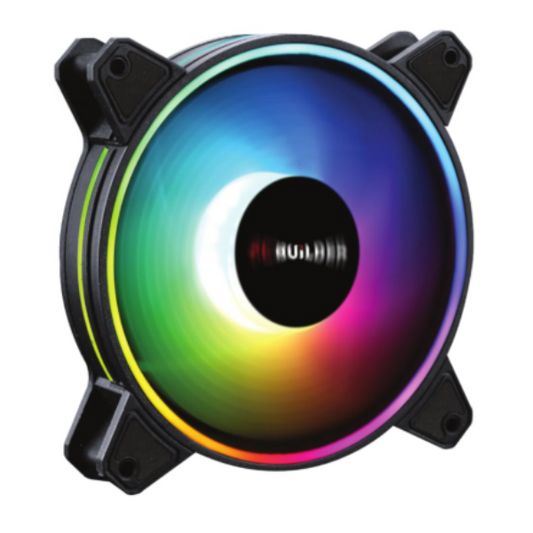 RGB cooling fan with colorful light effects on a white background