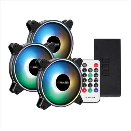 Three RGB LED fans with a remote control on a white background
