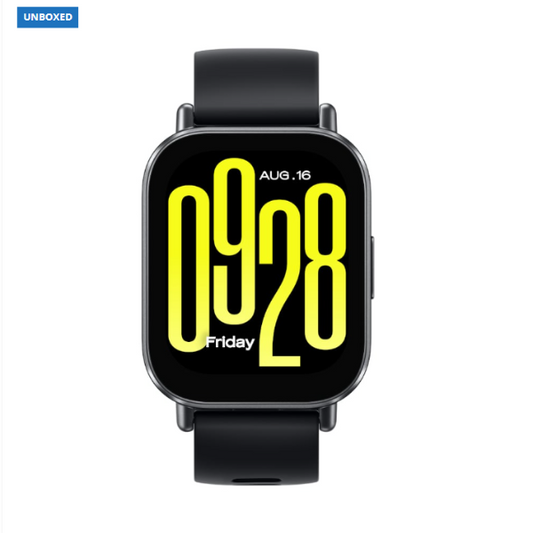 Smartwatch with a black strap and yellow digital display on a white background