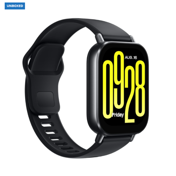Black smartwatch with yellow display on a white background