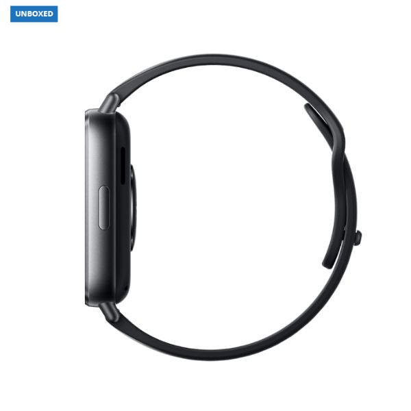 Black smartwatch on a white background with 'UNBOXED' label.
