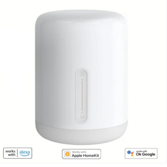 White smart device with compatibility logos for Alexa, Apple HomeKit, and Google on a white background