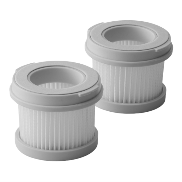 Two gray cylindrical filters on a white background