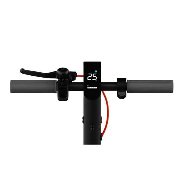 Black scooter handlebar with digital display on a white background