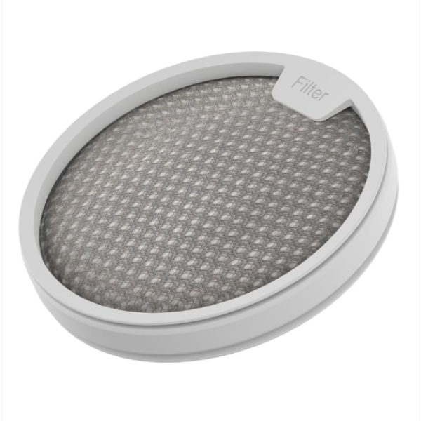 Round filter with textured surface and metallic rim on a white background