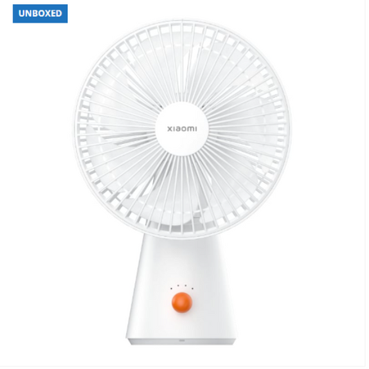 White Xiaomi fan on a white background with 'UNBOXED' label.