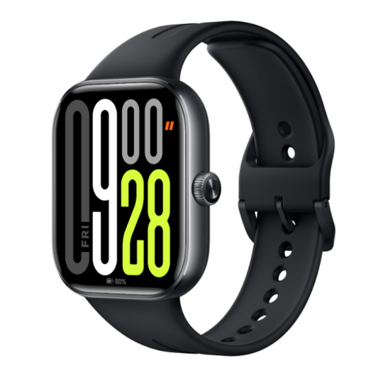 Black smartwatch with digital display on a white background