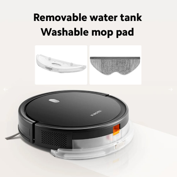 Robotic vacuum cleaner with detachable water tank and washable mop pad on a white background