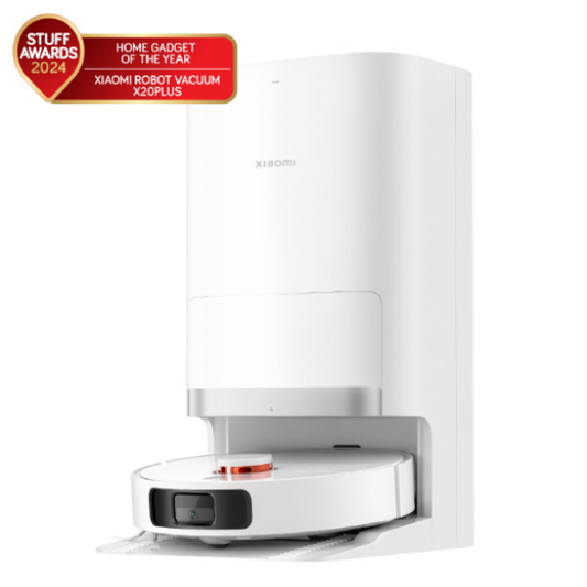 Xiaomi robot vacuum cleaner with 'Home Gadget of the Year' award badge on a white background