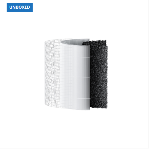 White air filter with black mesh on a white background, branded 'UNBOXED'.