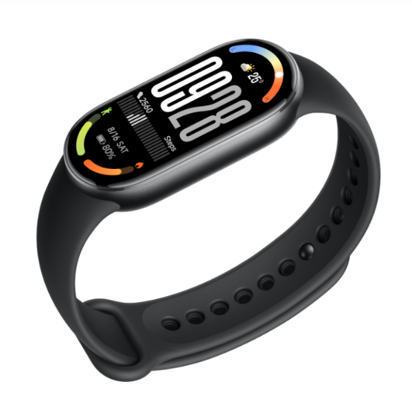 Black smartwatch with a digital display on a white background