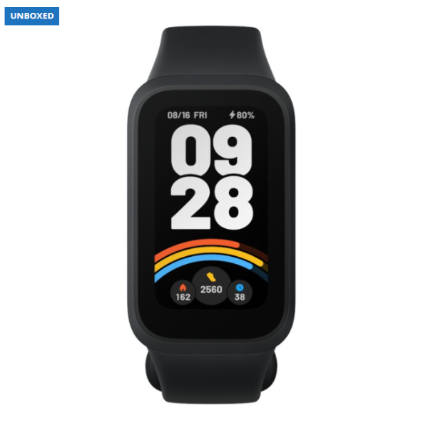 Black smartwatch with a colorful display on a white background