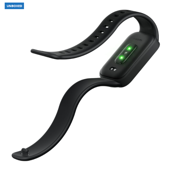 Black smartwatch band with green indicator lights on a white background