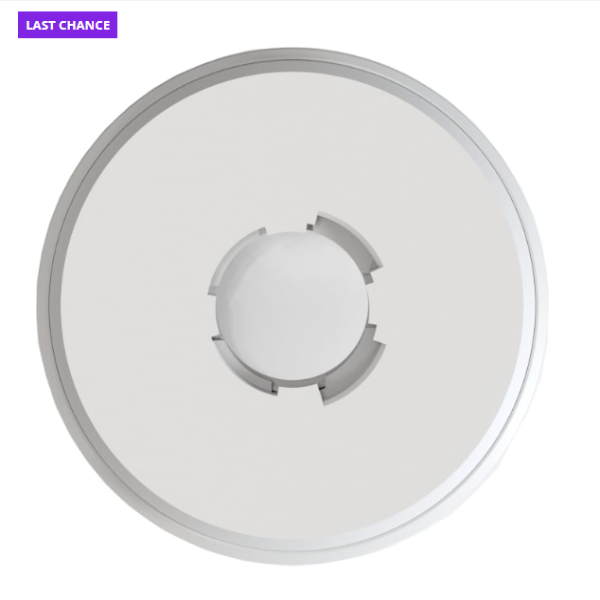 Round metallic object with cutout design on a white background, labeled 'Last Chance' in purple at the top.