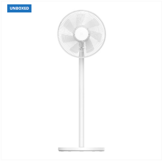 White standing fan on a white background with 'UNBOXED' branding.