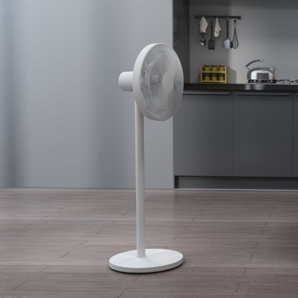White standing fan in a modern kitchen setting