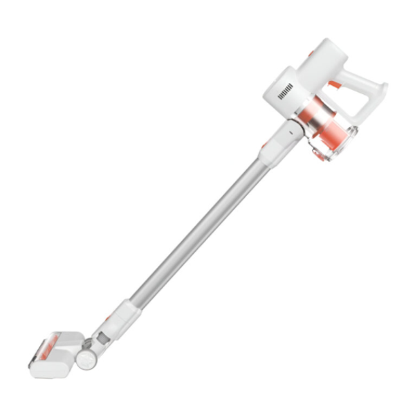 White and orange stick vacuum cleaner on a white background