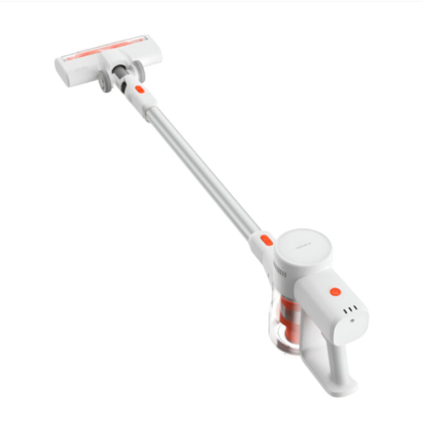 White handheld vacuum cleaner with red accents on a white background