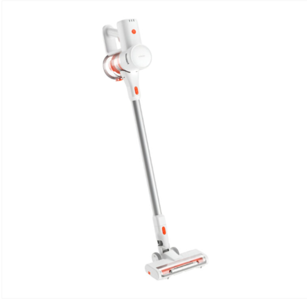 White and orange stick vacuum cleaner on a white background
