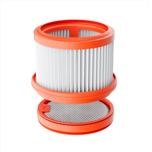 Vacuum filter with orange outer casing on a white background
