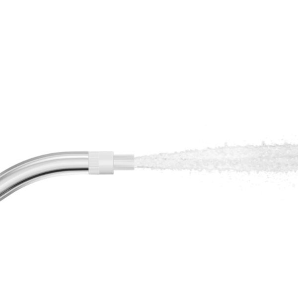 Close-up of a shower head with water flowing on a white background