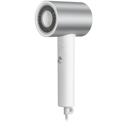 Silver and white hair dryer on a white background